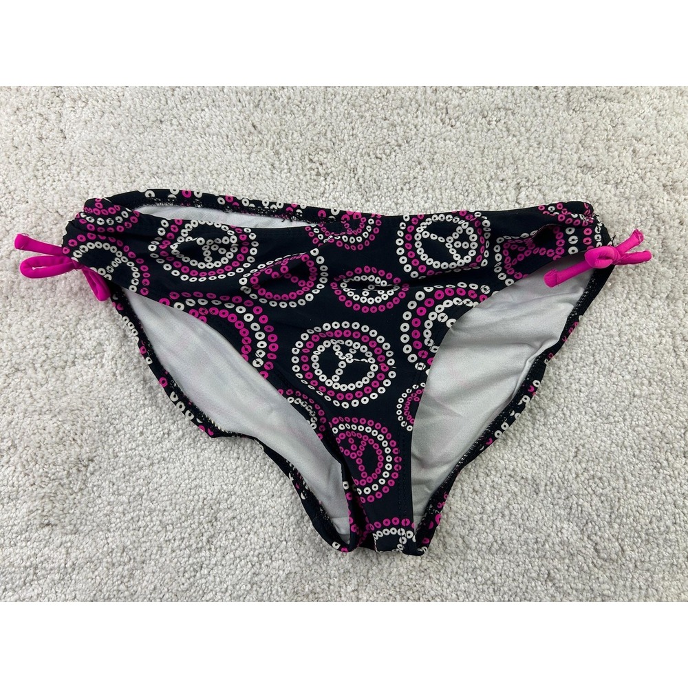 OP Bikini Bottom Womens Large‎ 10 12 Black Pink Peace Sign Swim Brief Side Tie